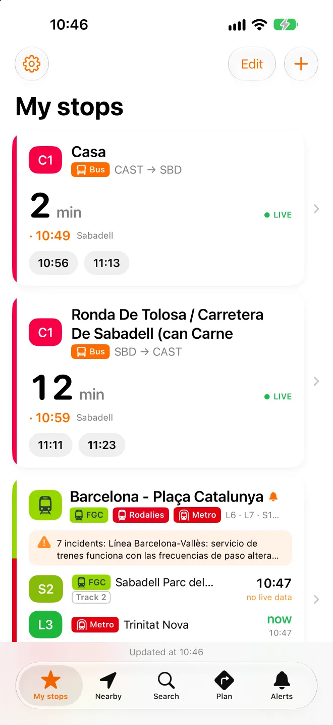 My stops with live minutes