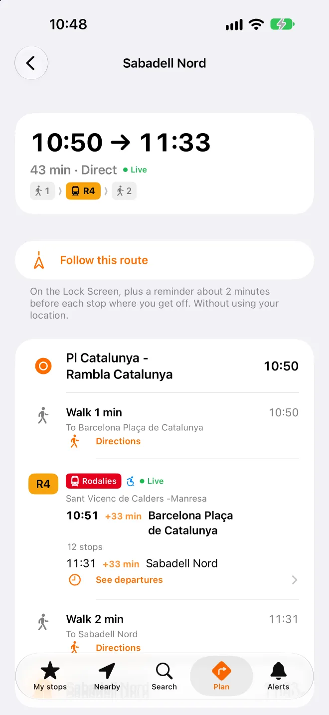 A route with changes and delays